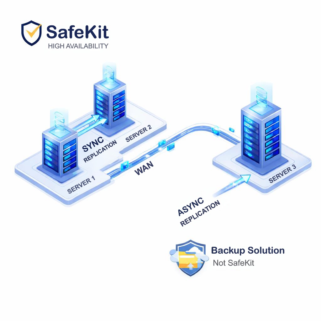 HA vs Backup: Combining SafeKit Synchronous Replication with Asynchronous DR A technical diagram showing why High Availability (SafeKit) and Backups are complementary: SafeKit handles hardware/software failover via synchronous replication, while asynchronous backup protects against ransomware and logical errors.