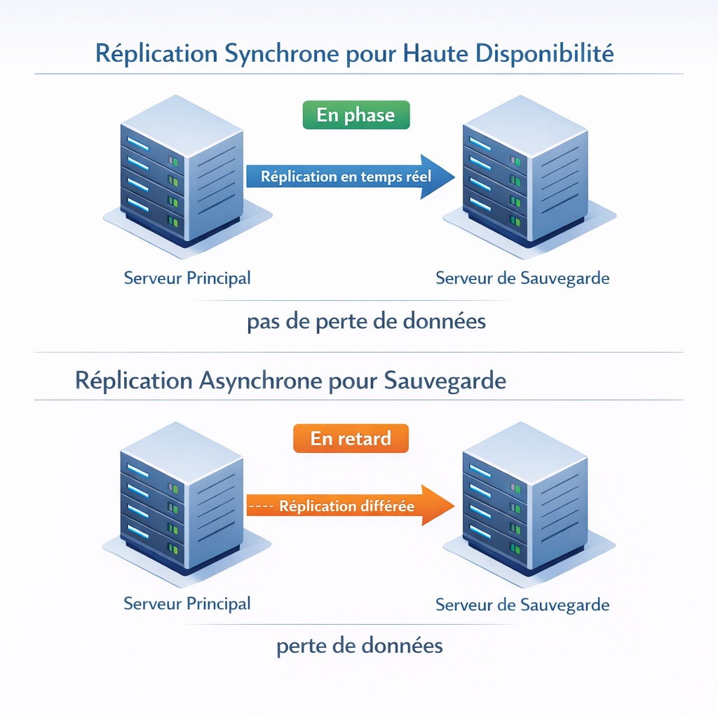 Comparaison de l'impact de la réplication synchrone et asynchrone sur la perte de données lors du basculement d'application. Schéma comparatif de la réplication synchrone vs asynchrone montrant le risque de perte de données lors du basculement