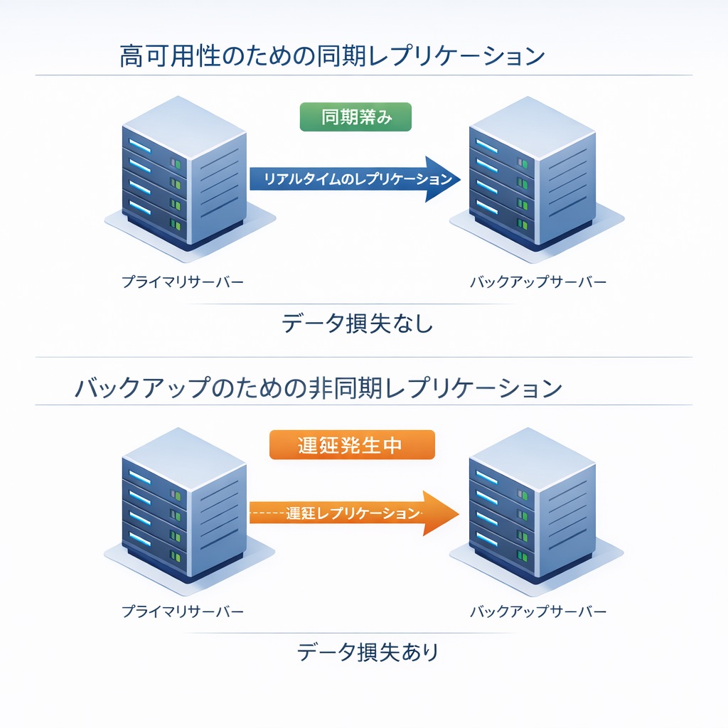 アプリケーションのフェイルオーバー時における、同期および非同期レプリケーションのデータ損失への影響の比較。 フェイルオーバー時のデータ損失リスクを示す、同期レプリケーション対非同期レプリケーションの比較図