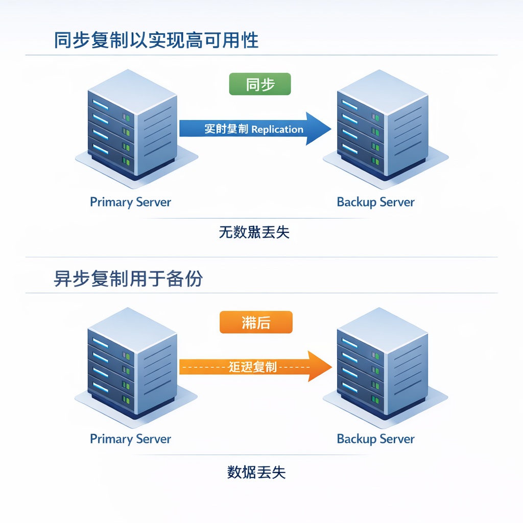 同步与异步复制对比图，展示了故障转移期间的数据丢失风险