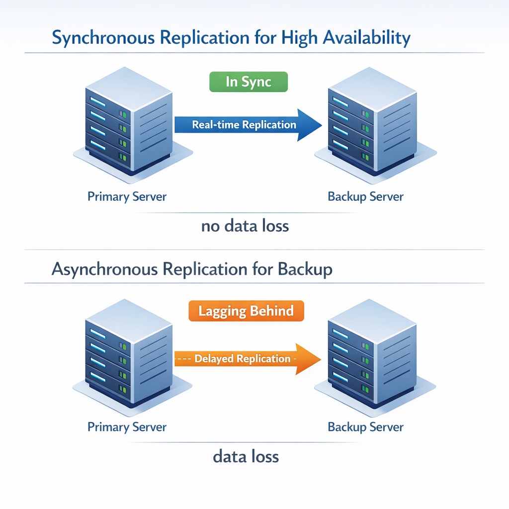 Comparison of synchronous and asynchronous replication impact on data loss during application failover. Comparison diagram of synchronous vs asynchronous replication showing data loss risk during failover