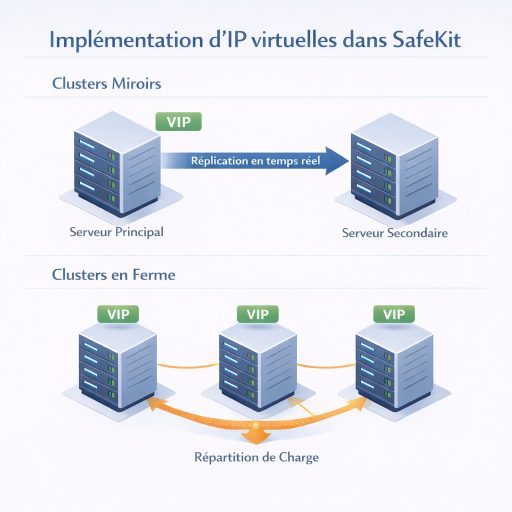 Schéma comparatif du comportement de l’IP virtuelle (VIP) dans Evidian SafeKit : Clusters Mirror avec IP flottante sur le nœud actif vs Clusters Farm avec répartition de charge réseau sur tous les nœuds.
