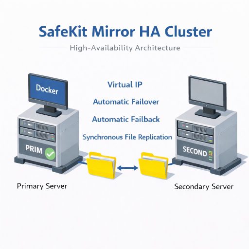 SafeKit High Availability Cluster Architecture for Docker providing Virtual IP, Automatic Failover, Automatic Failback, and Real-time replication