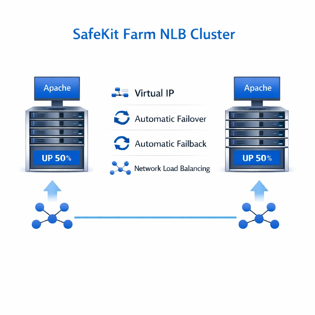 SafeKit Farm NLB Cluster for Apache SafeKit High Availability Apache Cluster Architecture providing Virtual IP, Automatic Failover, Automatic Failback, and Network Load Balancing
