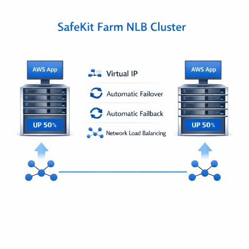 SafeKit High Availability AWS Cluster Architecture providing Virtual IP, Automatic Failover, Automatic Failback, and Network Load Balancing