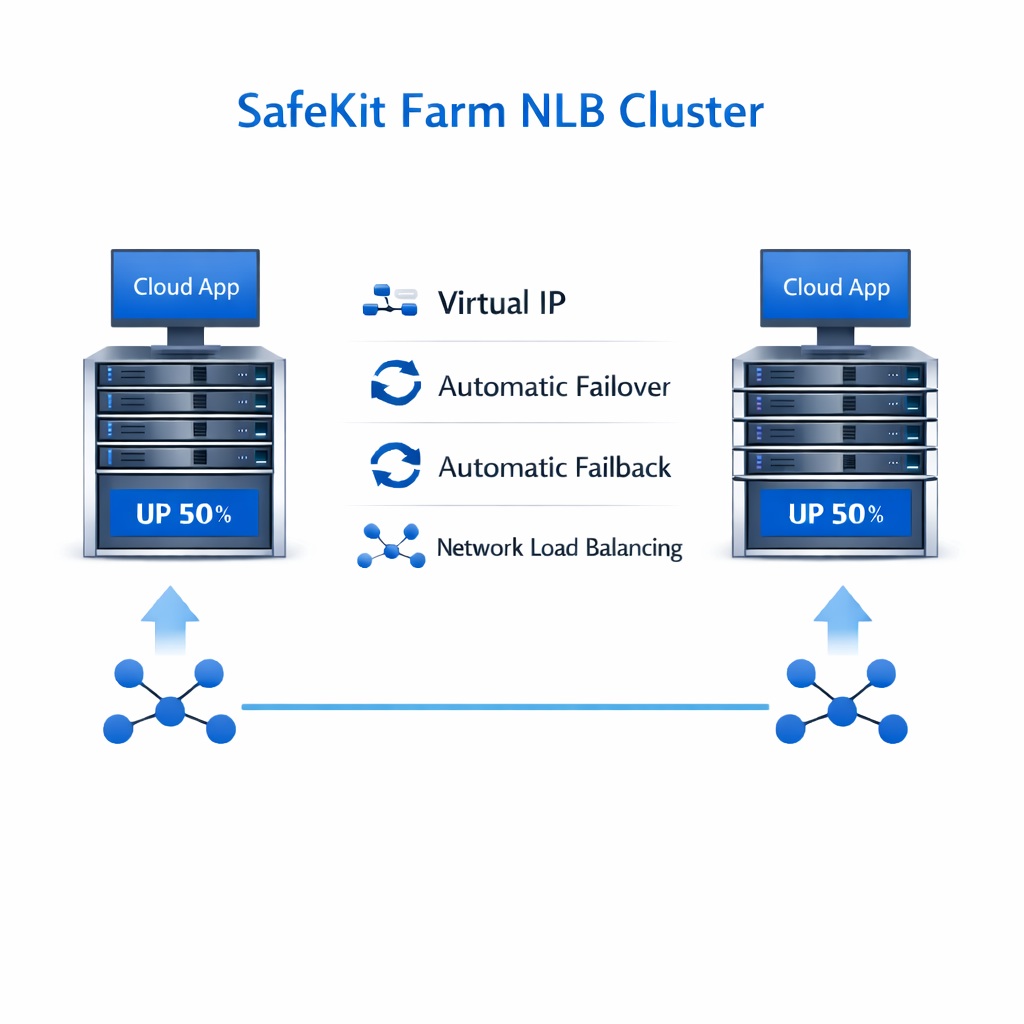 SafeKit Farm NLB Cluster for Cloud SafeKit High Availability Cloud Cluster Architecture providing Virtual IP, Automatic Failover, Automatic Failback, and Network Load Balancing