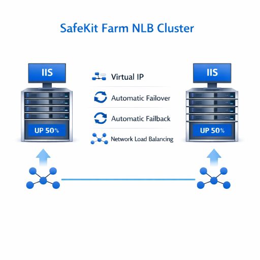 SafeKit High Availability IIS Cluster Architecture providing Virtual IP, Automatic Failover, Automatic Failback, and Network Load Balancing
