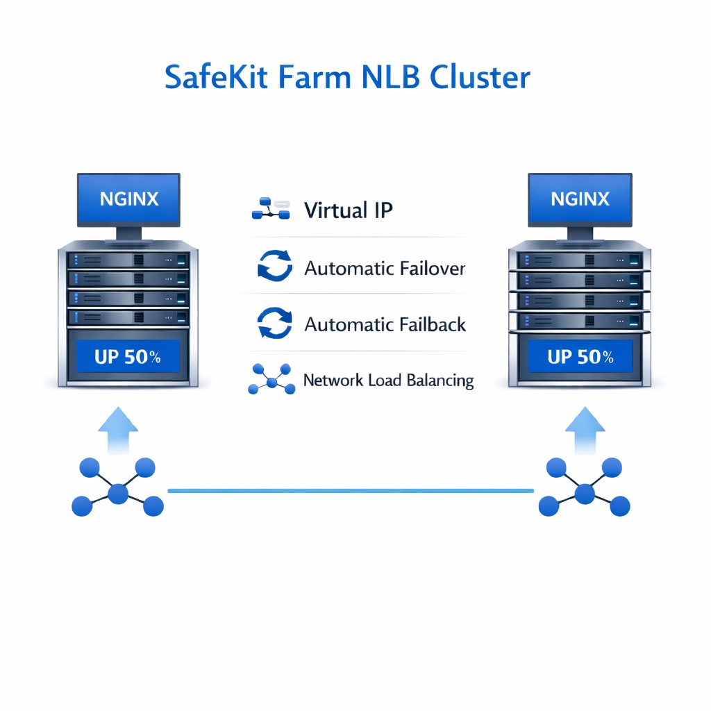 SafeKit Farm NLB Cluster for NGINX SafeKit High Availability NGINX Cluster Architecture providing Virtual IP, Automatic Failover, Automatic Failback, and Network Load Balancing
