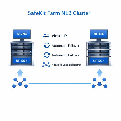 SafeKit High Availability NGINX Cluster Architecture providing Virtual IP, Automatic Failover, Automatic Failback, and Network Load Balancing
