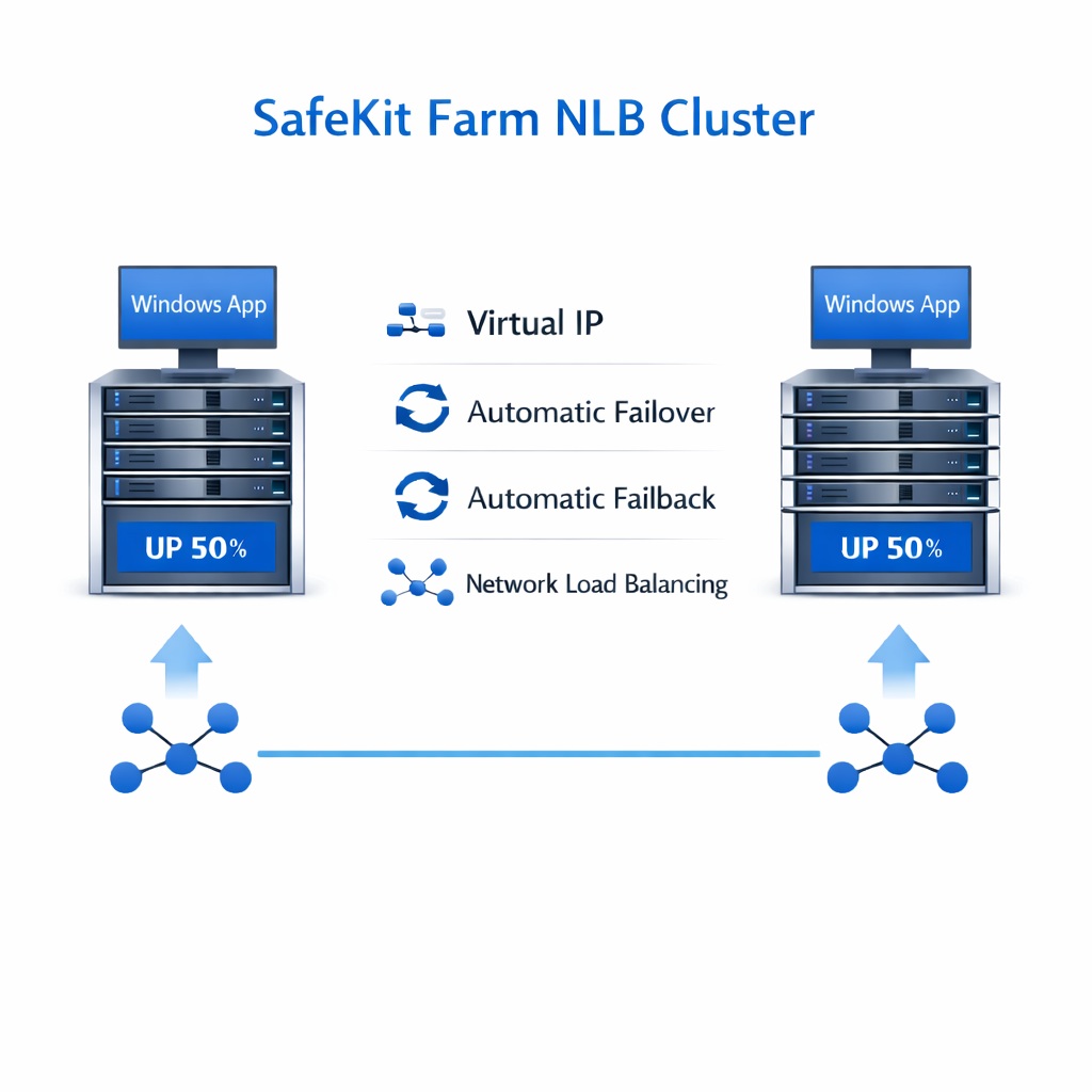 SafeKit High Availability Windows Cluster Architecture providing Virtual IP, Automatic Failover, Automatic Failback, and Network Load Balancing