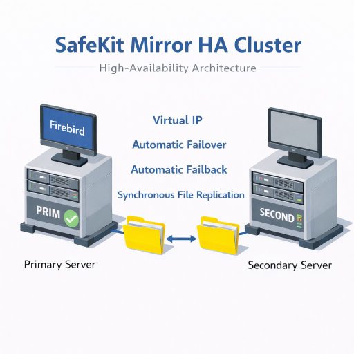 SafeKit High Availability Firebird Cluster Architecture providing Virtual IP, Automatic Failover, Automatic Failback, and Real-time replication
