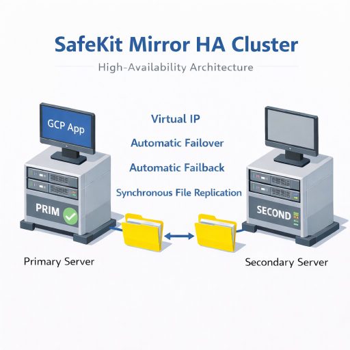 SafeKit High Availability GCP Cluster Architecture providing Virtual IP, Automatic Failover, Automatic Failback, and Synchronous Real-time File Replication