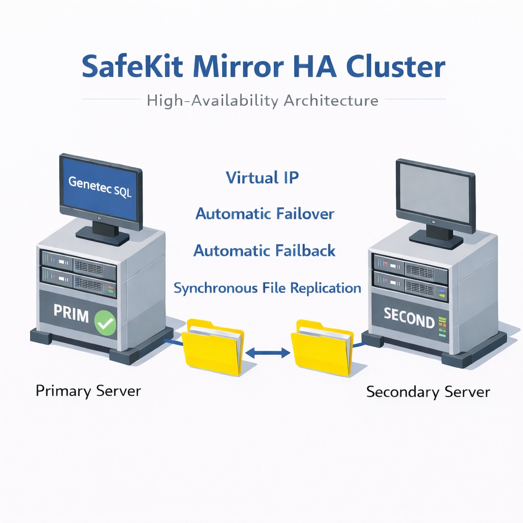 SafeKit HA Mirror Cluster for Genetec SQL SafeKit High Availability Genetec SQL Cluster Architecture providing Virtual IP, Automatic Failover, Automatic Failback, and Real-time replication