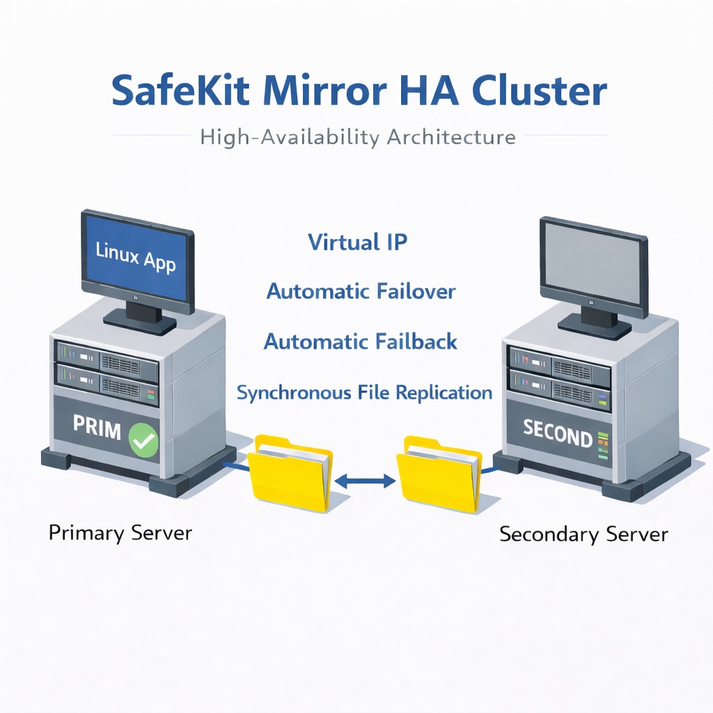 SafeKit HA Mirror Cluster for Linux SafeKit High Availability Linux Cluster Architecture providing Virtual IP, Automatic Failover, Automatic Failback, and Real-time replication