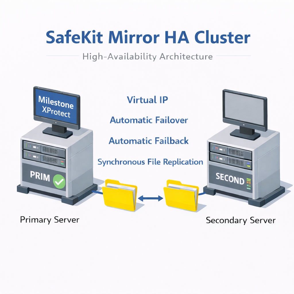 SafeKit HA Mirror Cluster for Milestone XProtect SafeKit High Availability Milestone XProtect Cluster Architecture providing Virtual IP, Automatic Failover, Automatic Failback, and Real-time replication