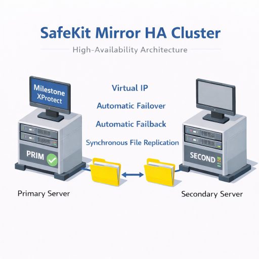 SafeKit High Availability Milestone XProtect Cluster Architecture providing Virtual IP, Automatic Failover, Automatic Failback, and Real-time replication
