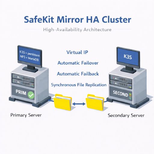 SafeKit architecture diagram for 2-node K3s high availability featuring integrated Virtual IP, real-time replication, and automatic failover.