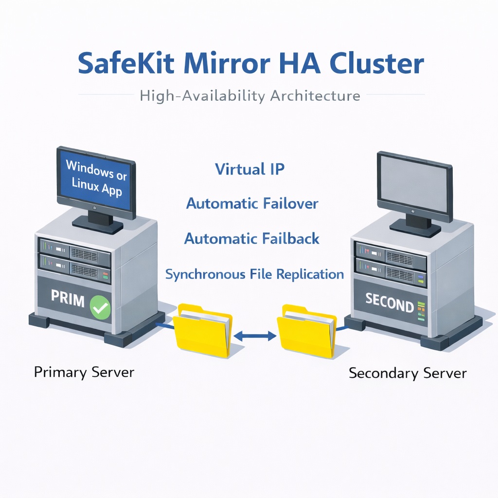 SafeKit HA Mirror Cluster for Windows or Linux SafeKit High Availability Windows or Linux Cluster Architecture providing Virtual IP, Automatic Failover, Automatic Failback, and Real-time replication
