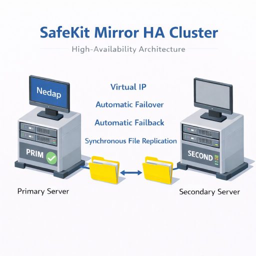 SafeKit High Availability Nedap Cluster Architecture providing Virtual IP, Automatic Failover, Automatic Failback, and Real-time replication
