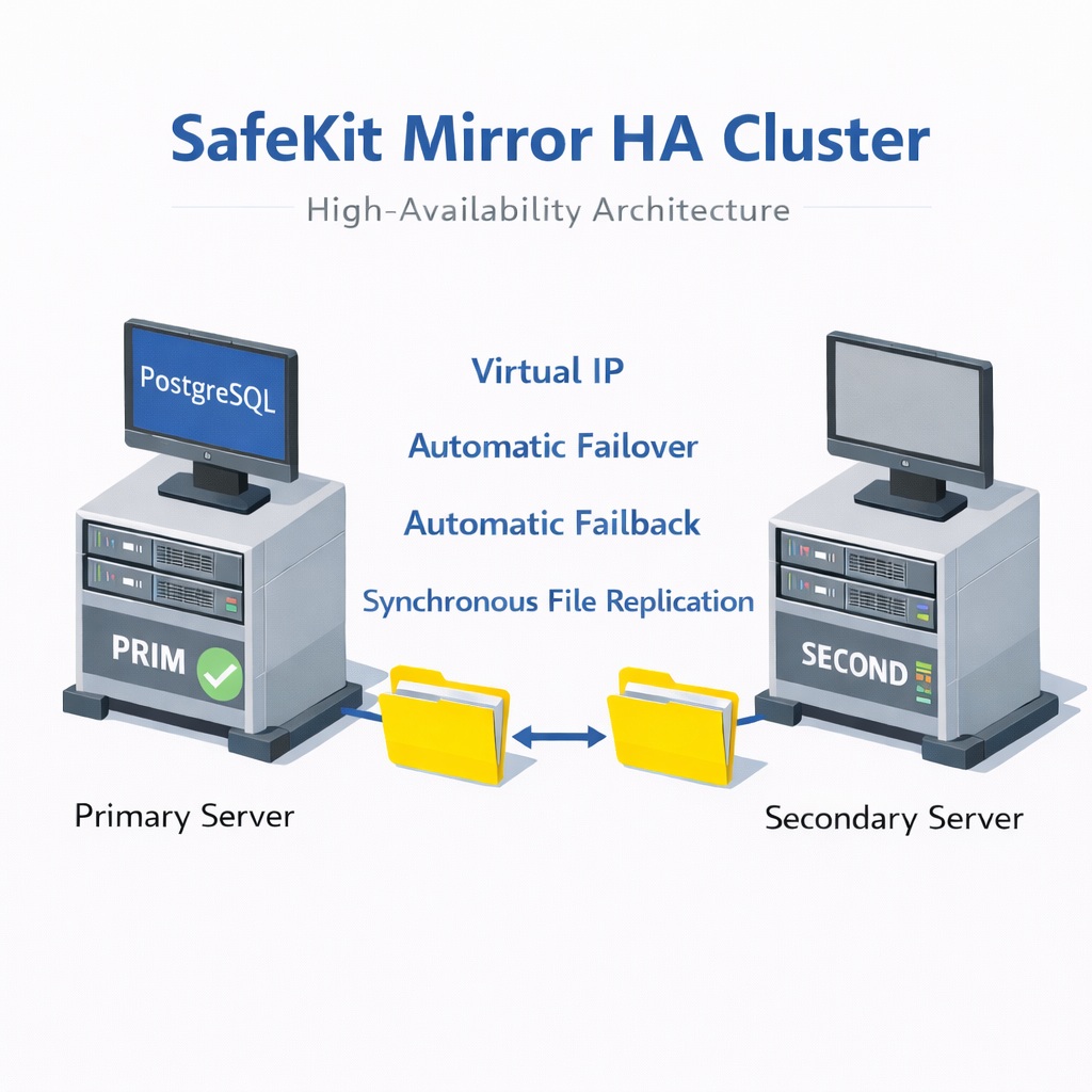SafeKit HA Mirror Cluster for PostgreSQL SafeKit High Availability PostgreSQL Cluster Architecture providing Virtual IP, Automatic Failover, Automatic Failback, and Real-time replication