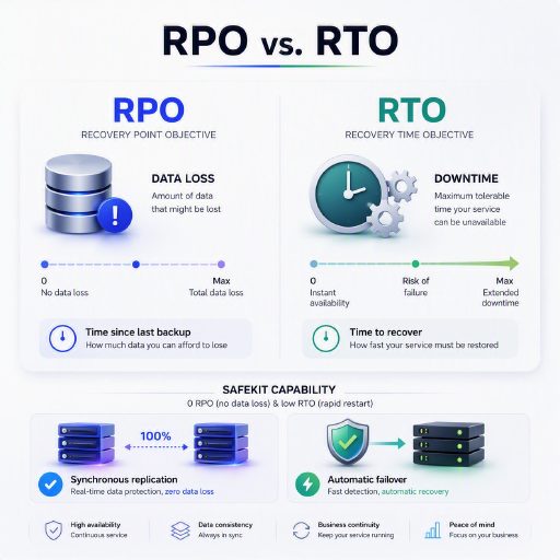 A comparison chart of RPO (Recovery Point Objective) and RTO (Recovery Time Objective), illustrating how SafeKit achieves zero data loss and fast application restart.