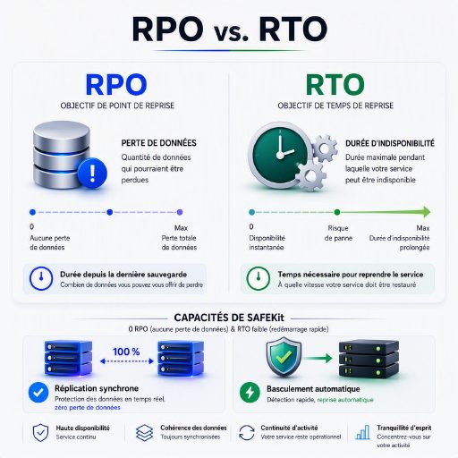 Un graphique comparatif du RPO (perte de données maximale admissible) et du RTO (durée maximale d’indisponibilité), illustrant comment SafeKit garantit une perte de données nulle et un redémarrage rapide des applications.