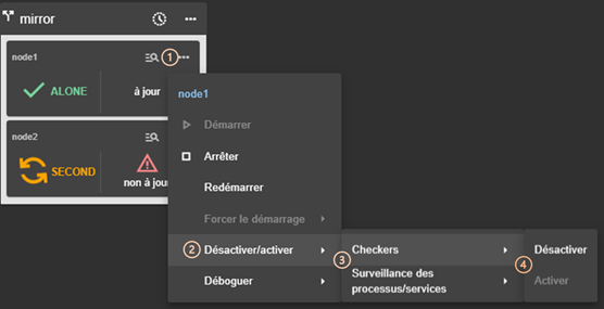 Image de la console web SafeKit
Actions du menu local du module sur le nœud sélectionné. Activer ou désactiver la détection d'erreur par les checkers configurés dans le module ; Activer ou désactiver la détection d'erreur par la surveillance de processus ou la surveillance de services