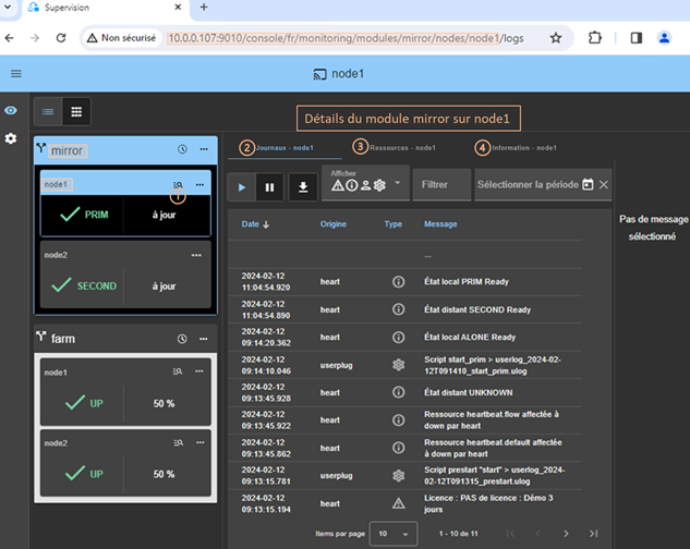 Image de la console web SafeKit
Cliquer pour ouvrir ou fermer les détails du module sur un nœud :
les journaux du module avec l'onglet Journaux
les ressources du module avec l'onglet Ressources
les informations sur le nœud avec l'onglet information