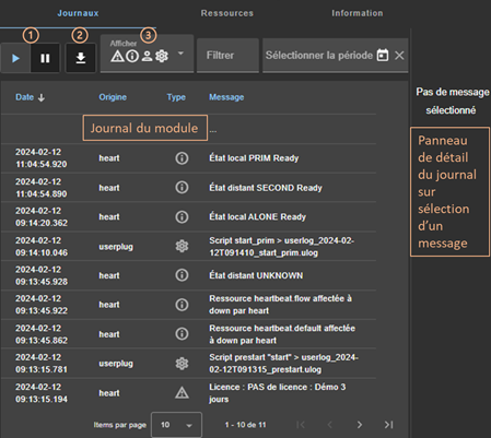Image de la console web SafeKit
Afficher, filtrer et télécharger les journaux du module en utilisant l'onglet Journaux