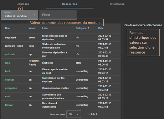 Image de la console web SafeKit
Afficher la valeur courante des ressources du module en utilisant l'onglet Ressources